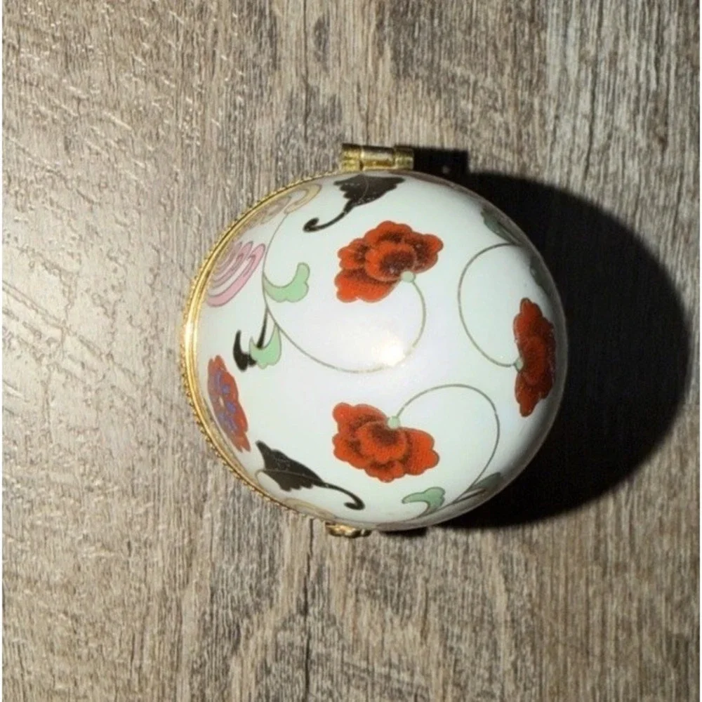 Vtg 60s Trinket Box Decorative Egg Red  Pink Floral Gold Accents